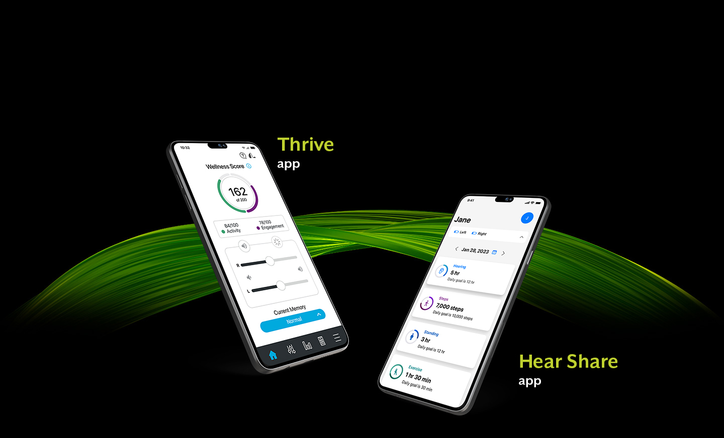 Thrive Hearing Control and Hear Share app screens with green wave behind