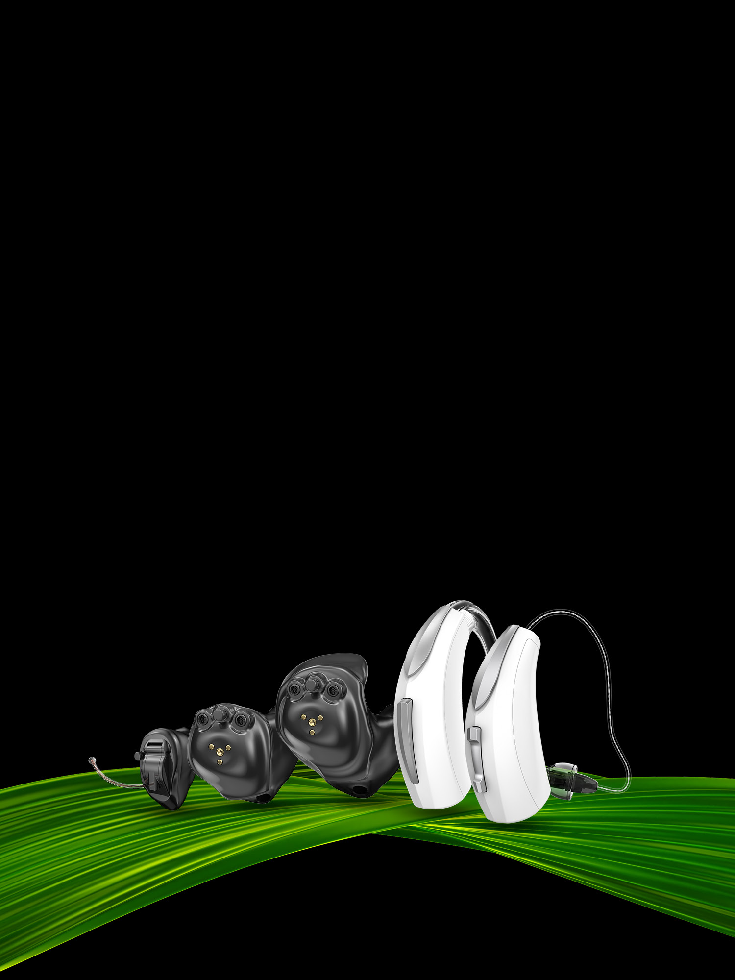 Arc AI hearing aids with a green swoosh and black background