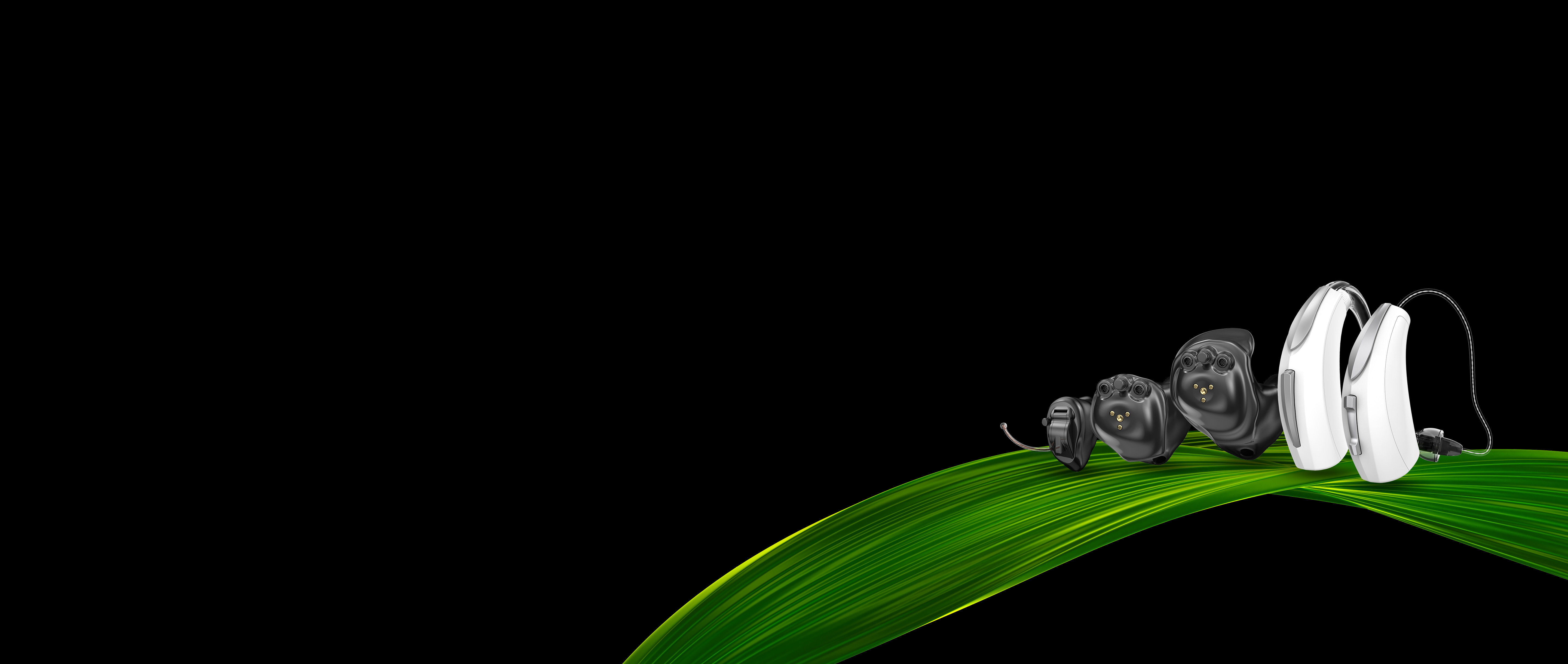 Arc AI hearing aids with a green swoosh and black background